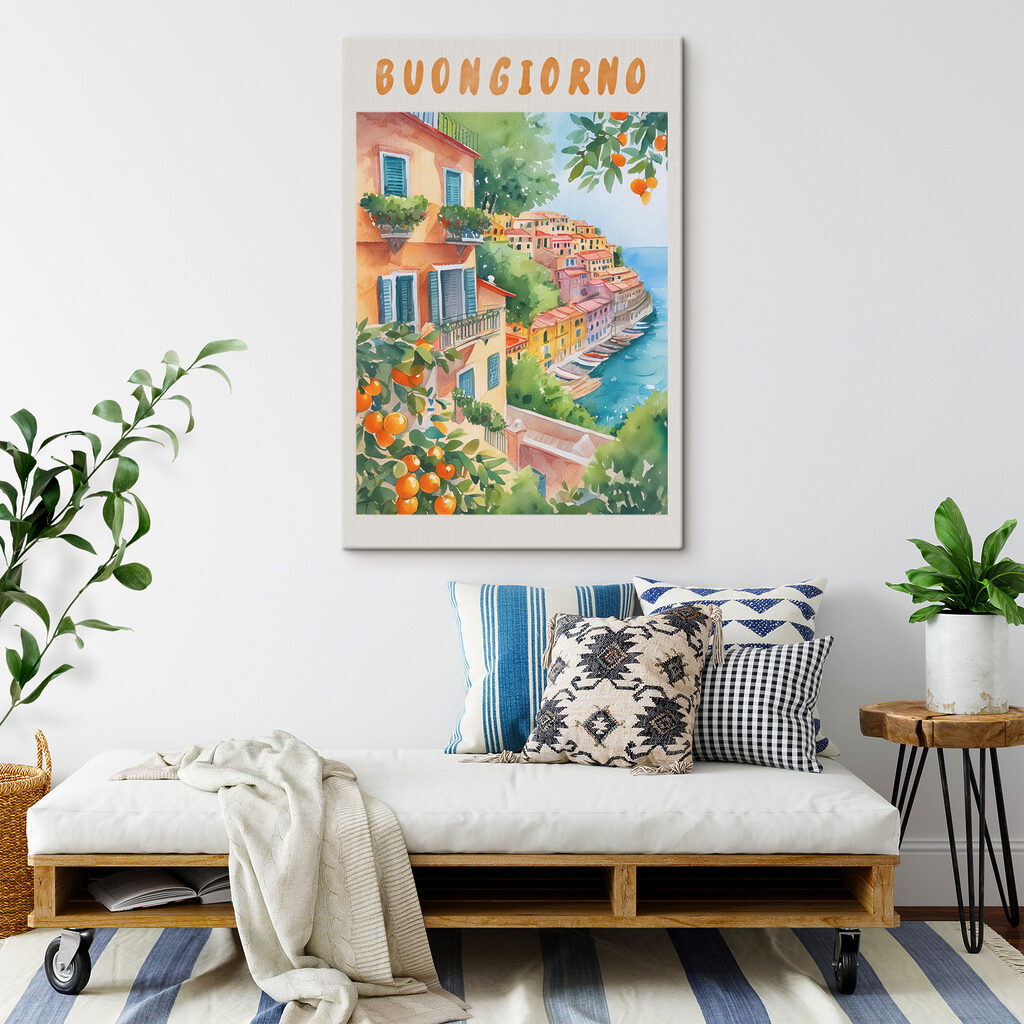 Watercolor painting of a town by the water Watercolor painting of a town by the water