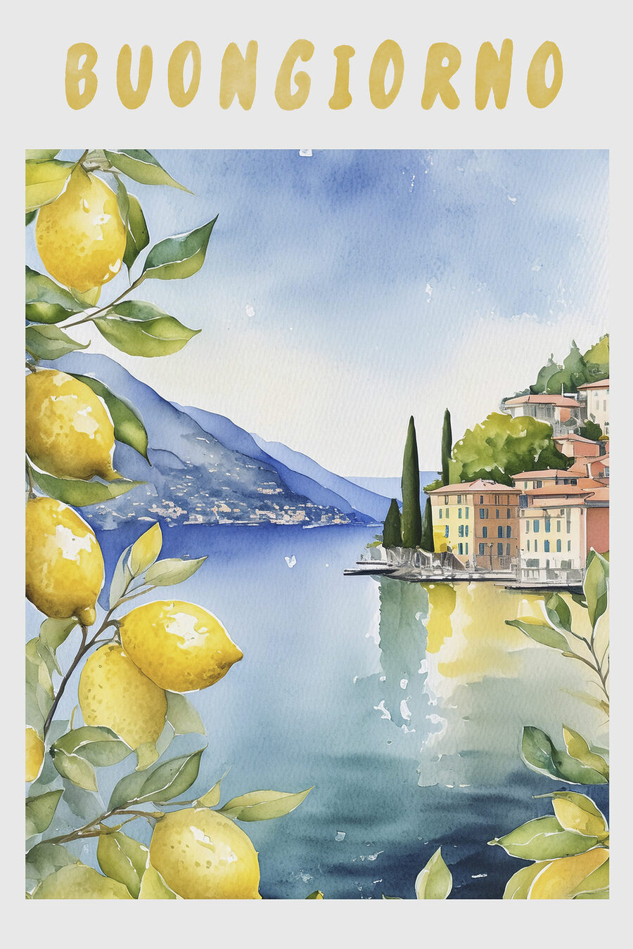 Aquarelle d'une ville et d'une étendue d'eau