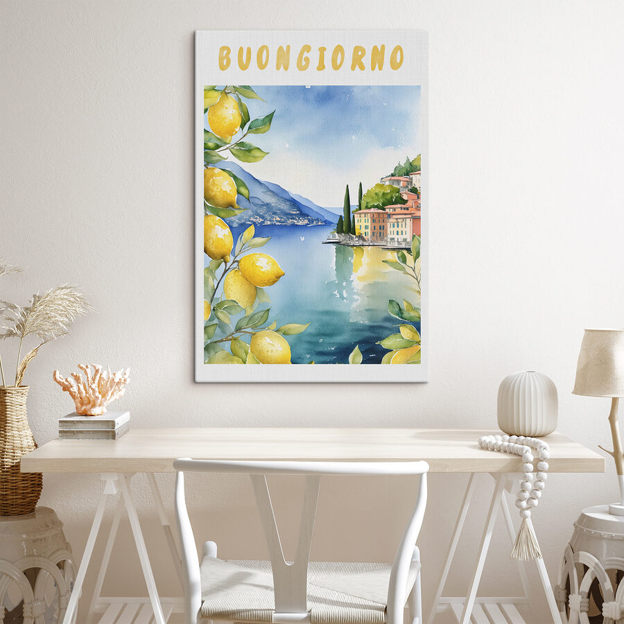 Aquarelle d'une ville et d'une étendue d'eau