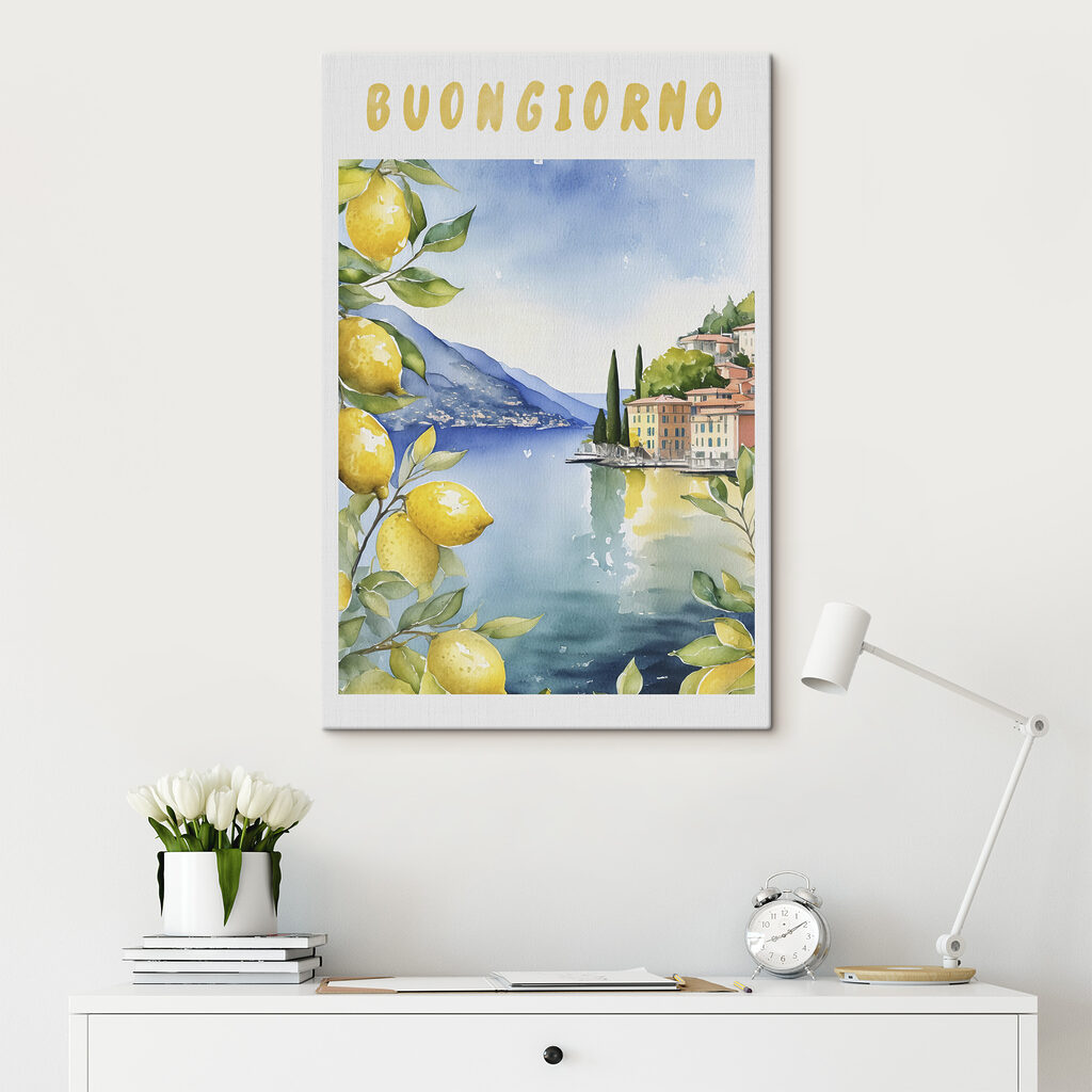 Watercolor painting of a city and a body of water