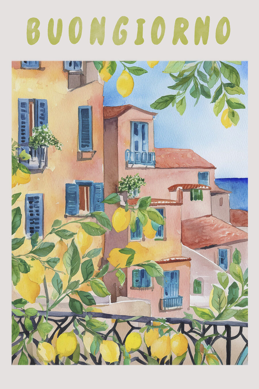 Aquarelle de bâtiments et de citrons par une journée ensoleillée