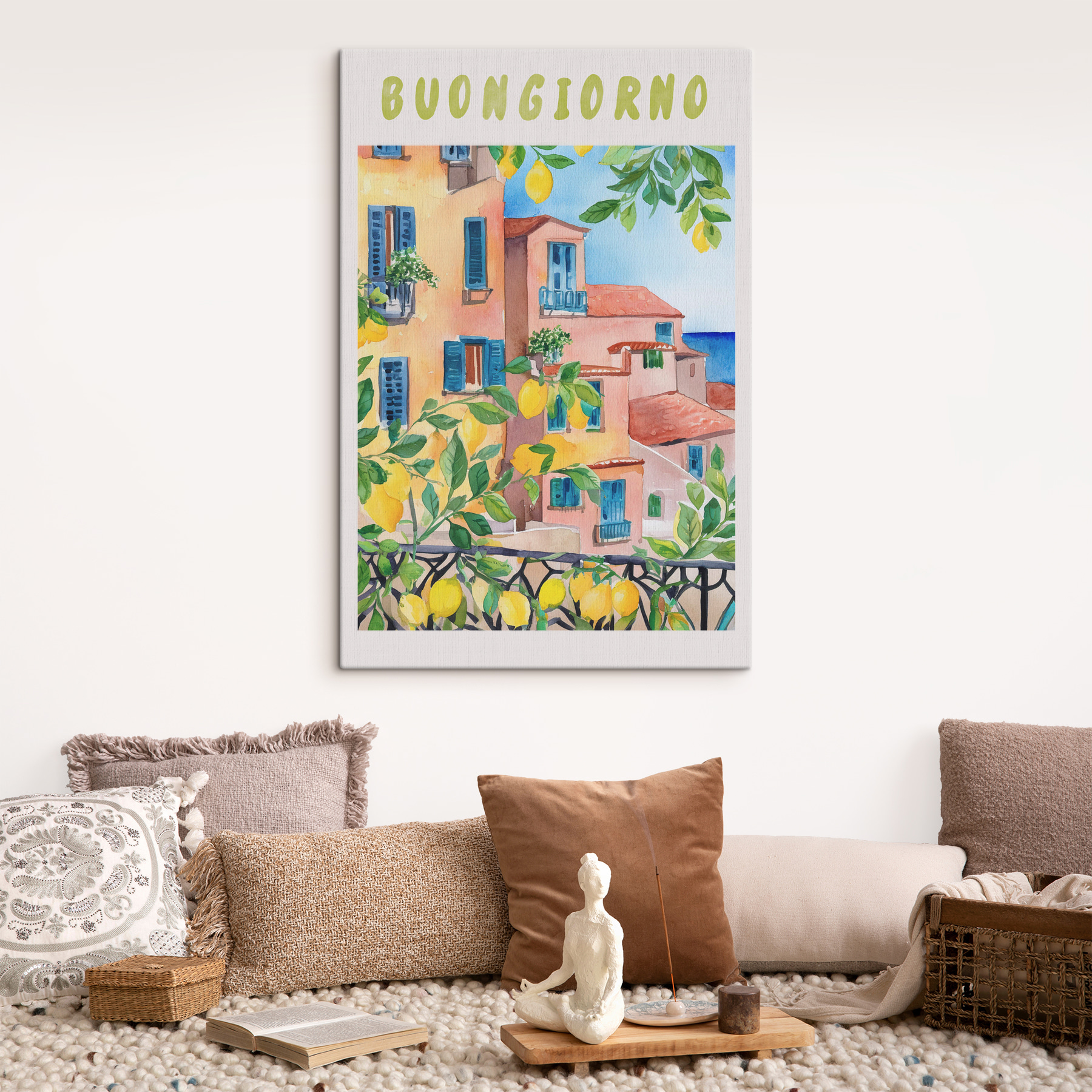 Watercolor painting of buildings and lemons on a sunny day