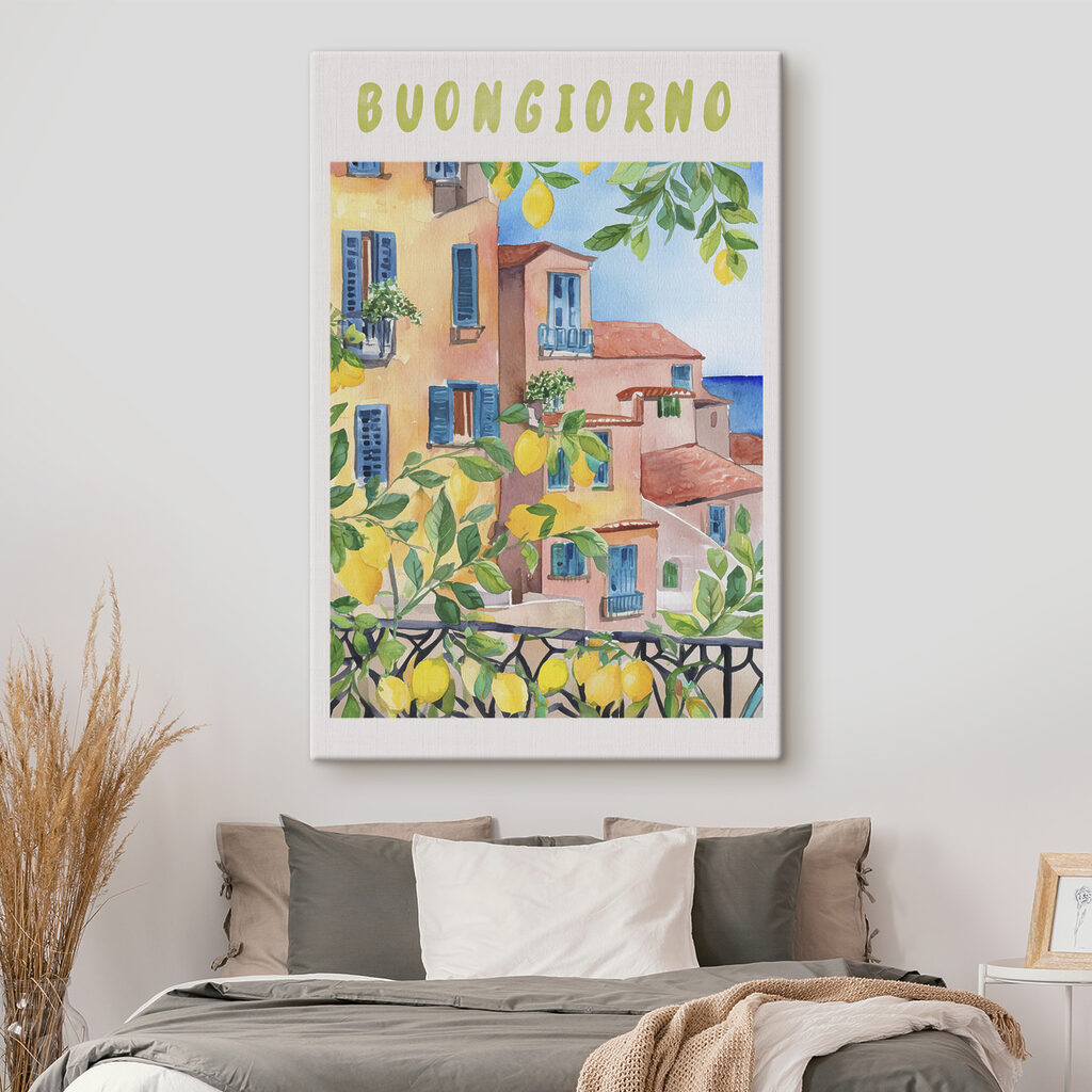 Watercolor painting of buildings and lemons on a sunny day