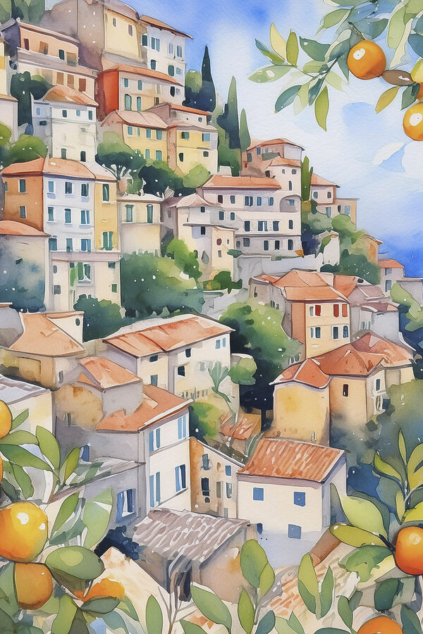 Aquarelle d'une ville avec des oranges Aquarelle d'une ville avec des oranges