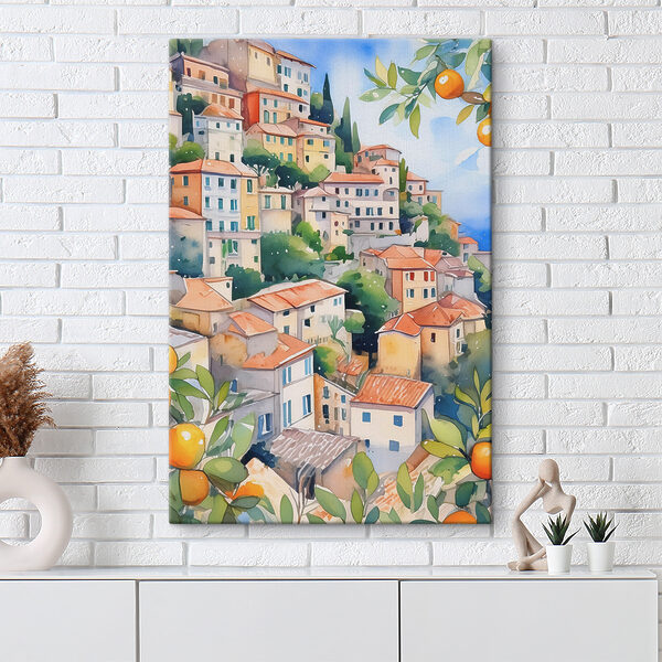 Aquarelle d'une ville avec des oranges Aquarelle d'une ville avec des oranges