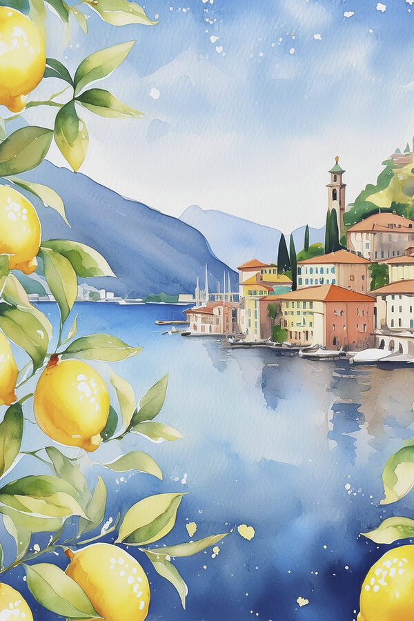 Aquarelle d'une ville au bord d'une étendue d'eau Aquarelle d'une ville au bord d'une étendue d'eau