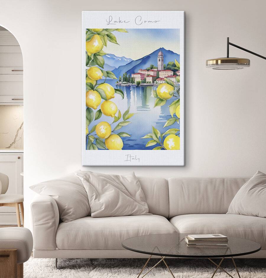 Aquarelle d'une ville et de montagnes avec des citrons jaunes