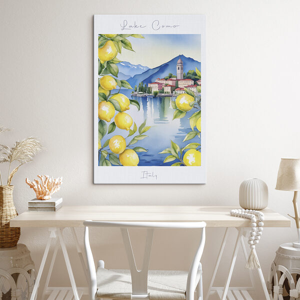 Aquarelle d'une ville et de montagnes avec des citrons jaunes Aquarelle d'une ville et de montagnes avec des citrons jaunes