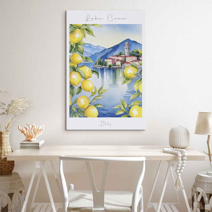 Aquarelle d'une ville et de montagnes avec des citrons jaunes