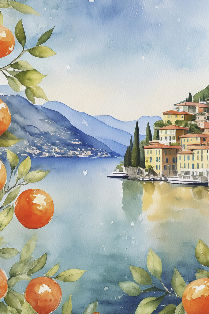 Watercolor of a town next to a body of water Watercolor of a town next to a body of water