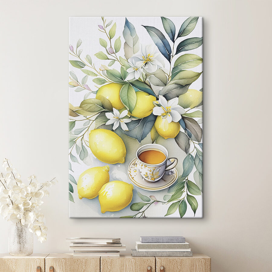 Une peinture de citrons et une tasse de thé Une peinture de citrons et une tasse de thé