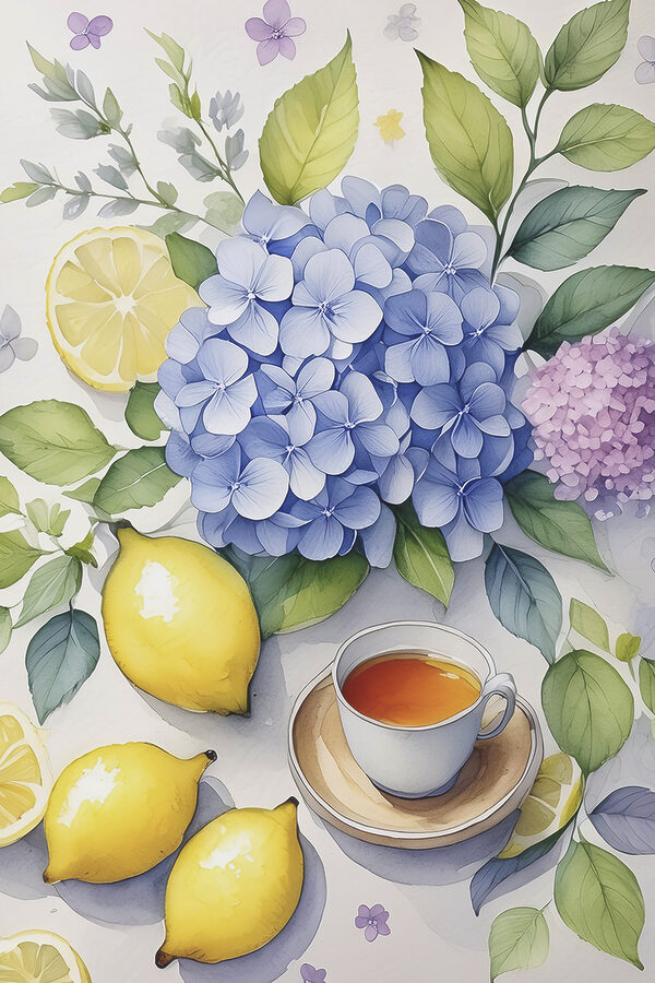 Peinture d'une tasse de thé et de citrons Peinture d'une tasse de thé et de citrons