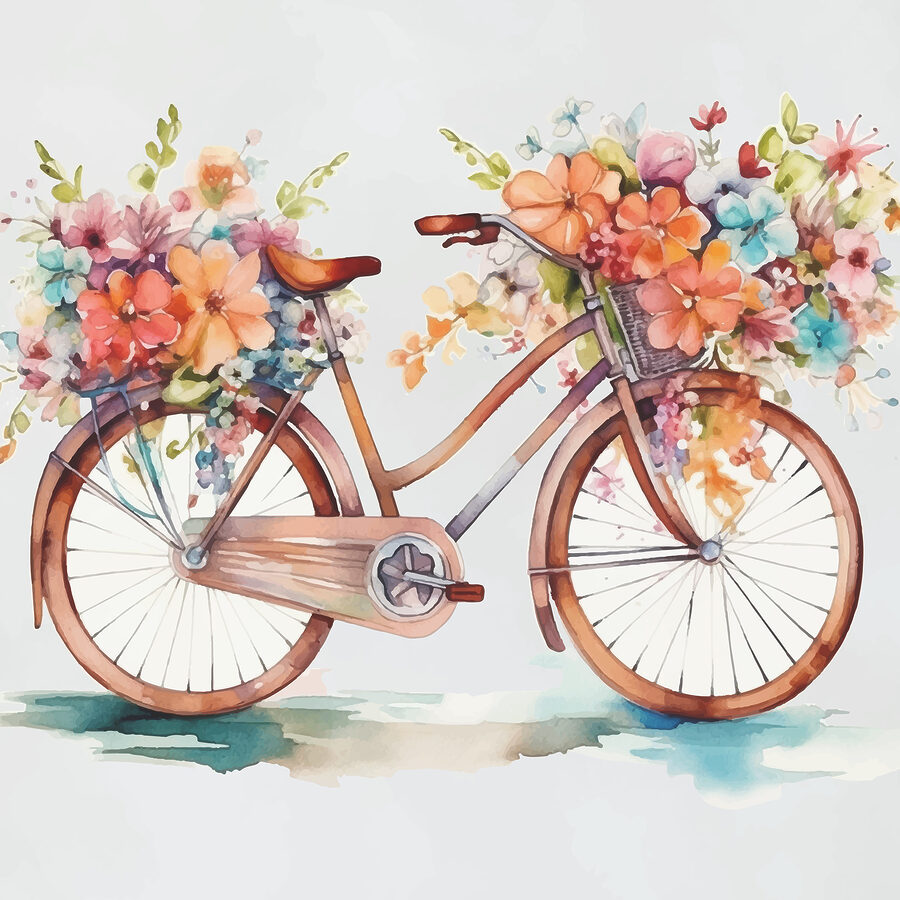 Tableaux Une peinture à l'aquarelle d'une bicyclette avec des fleurs. – Image 7