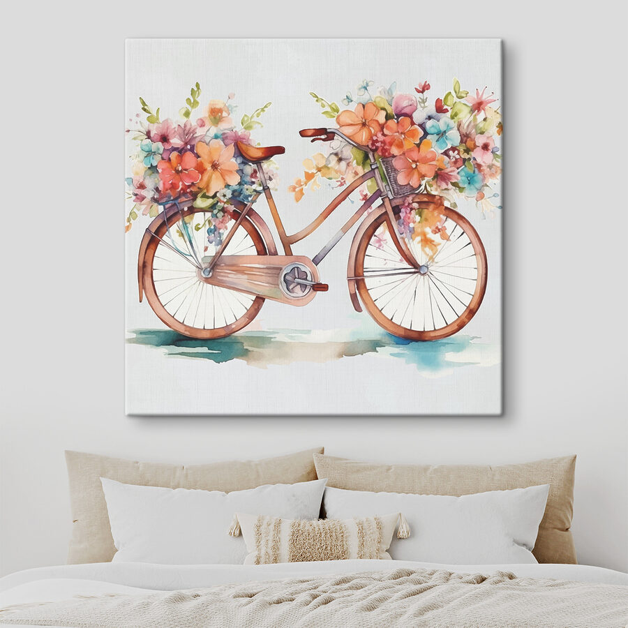 Tableaux Une peinture à l'aquarelle d'une bicyclette avec des fleurs.