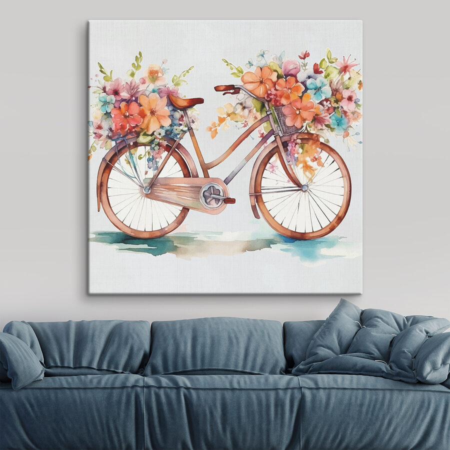 Tableaux Une peinture à l'aquarelle d'une bicyclette avec des fleurs. – Image 2