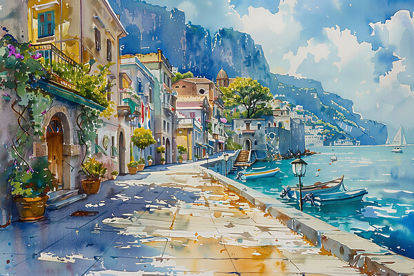 Watercolor of a city along a body of water Watercolor of a city along a body of water
