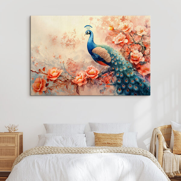 Peinture d'un paon sur une branche avec des fleurs Peinture d'un paon sur une branche avec des fleurs