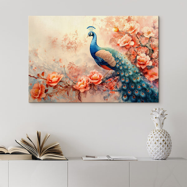 Peinture d'un paon sur une branche avec des fleurs Peinture d'un paon sur une branche avec des fleurs