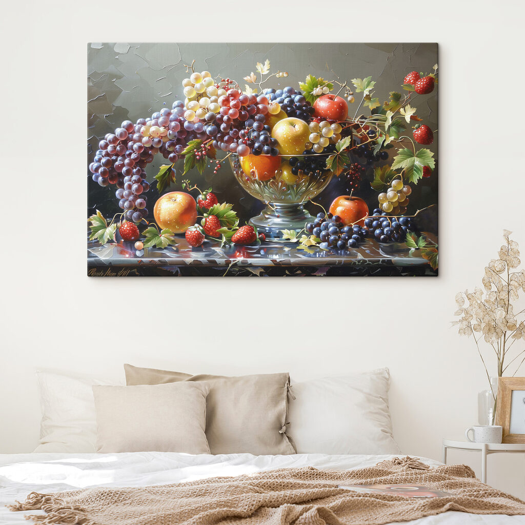 A painting of fruit in a bowl