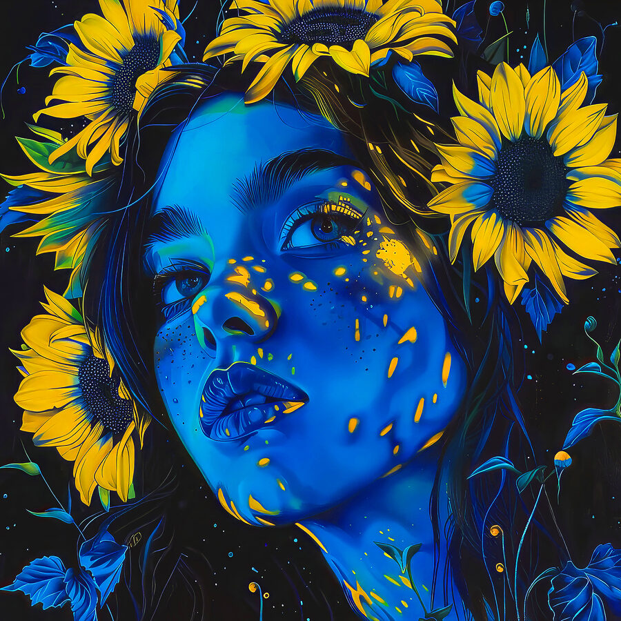 Une femme avec des tournesols dans les cheveux