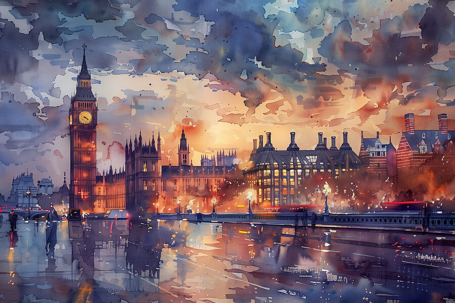 Une aquarelle représentant une ville avec une tour d'horloge et une rivière. Une aquarelle représentant une ville avec une tour d'horloge et une rivière.