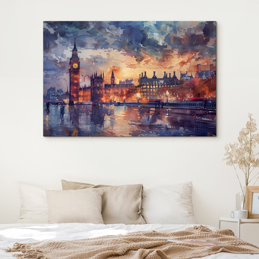 Une aquarelle représentant une ville avec une tour d'horloge et une rivière. Une aquarelle représentant une ville avec une tour d'horloge et une rivière.