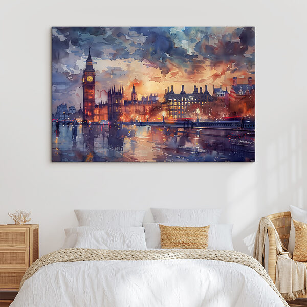 Une aquarelle représentant une ville avec une tour d'horloge et une rivière. Une aquarelle représentant une ville avec une tour d'horloge et une rivière.