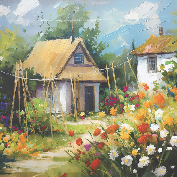 Peinture d'une maison avec des fleurs Peinture d'une maison avec des fleurs