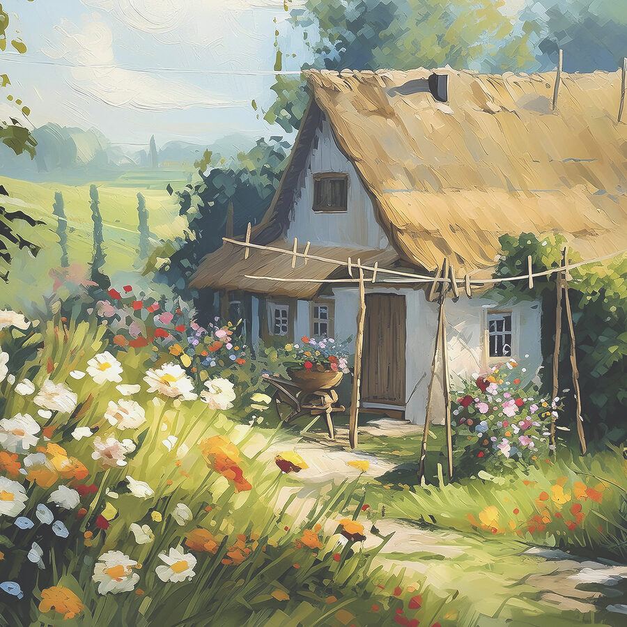 Peinture d'une maison avec des fleurs et des plantes Peinture d'une maison avec des fleurs et des plantes