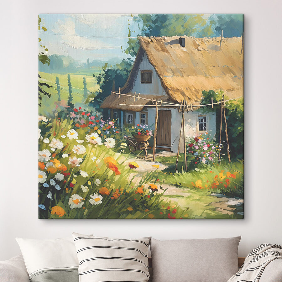 Peinture d'une maison avec des fleurs et des plantes Peinture d'une maison avec des fleurs et des plantes