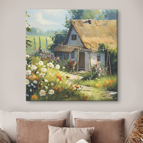 Peinture d'une maison avec des fleurs et des plantes Peinture d'une maison avec des fleurs et des plantes