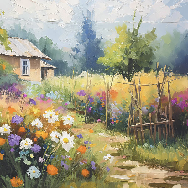 Peinture d'une maison et de fleurs Peinture d'une maison et de fleurs