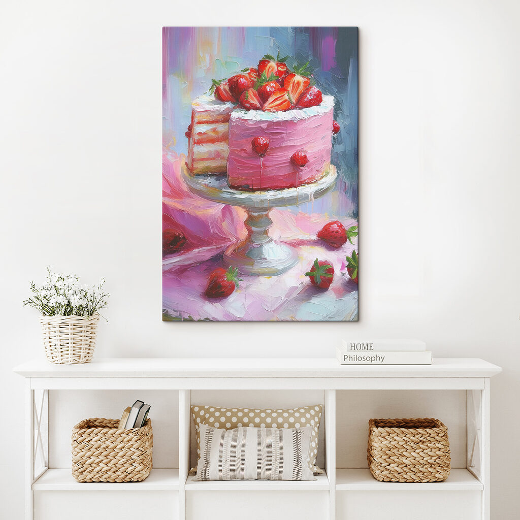 A painting of a cake with strawberries on top