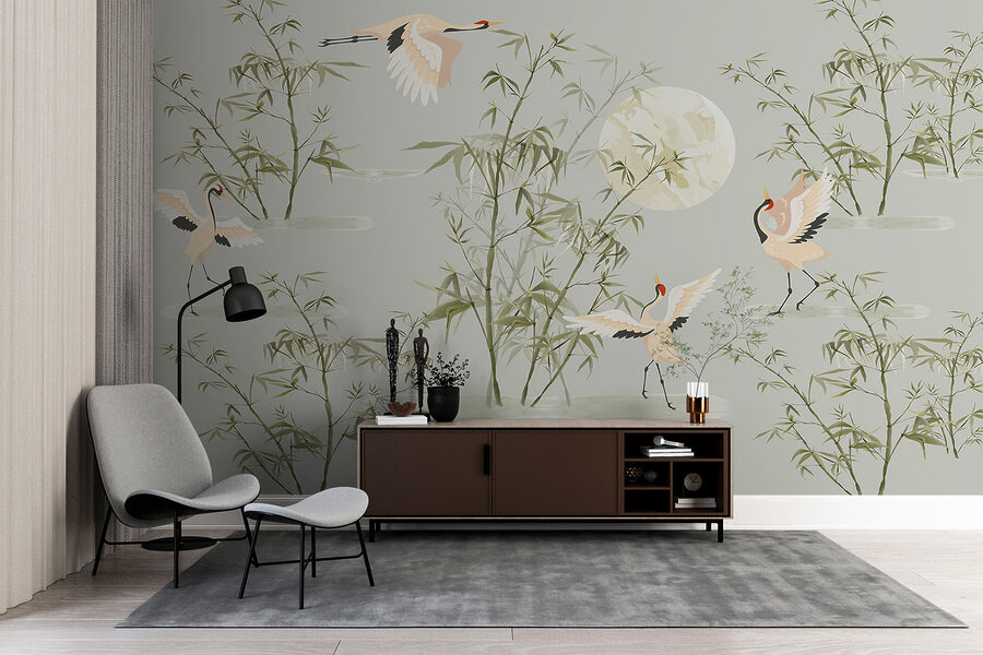 Un papier peint avec des oiseaux et des bambous Un papier peint avec des oiseaux et des bambous
