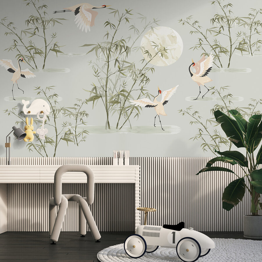 Un papier peint avec des oiseaux et des bambous Un papier peint avec des oiseaux et des bambous