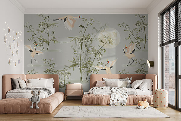 Un papier peint avec des oiseaux et des bambous Un papier peint avec des oiseaux et des bambous