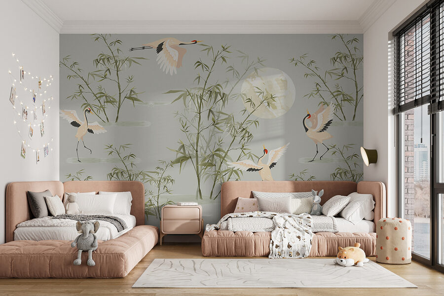 Un papier peint avec des oiseaux et des bambous Un papier peint avec des oiseaux et des bambous