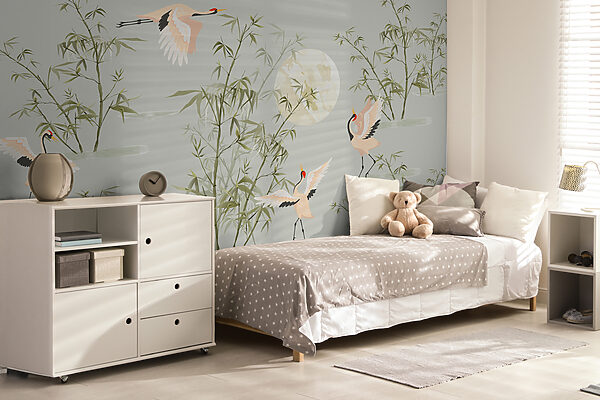 Un papier peint avec des oiseaux et des bambous Un papier peint avec des oiseaux et des bambous