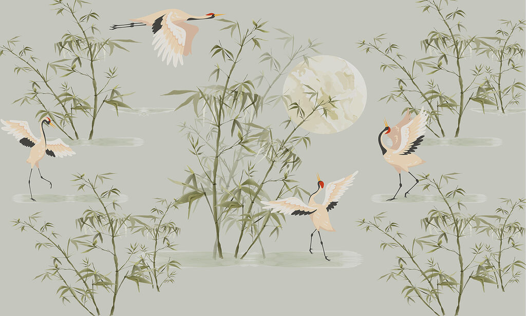 Un papier peint avec des oiseaux et des bambous Un papier peint avec des oiseaux et des bambous