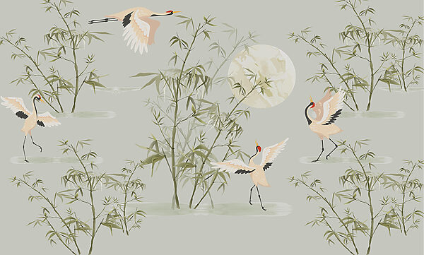 Un papier peint avec des oiseaux et des bambous Un papier peint avec des oiseaux et des bambous