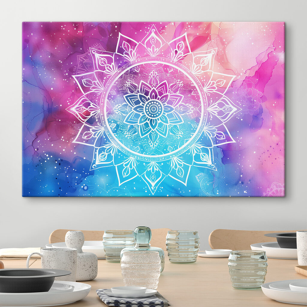 A white mandala on a colorful background