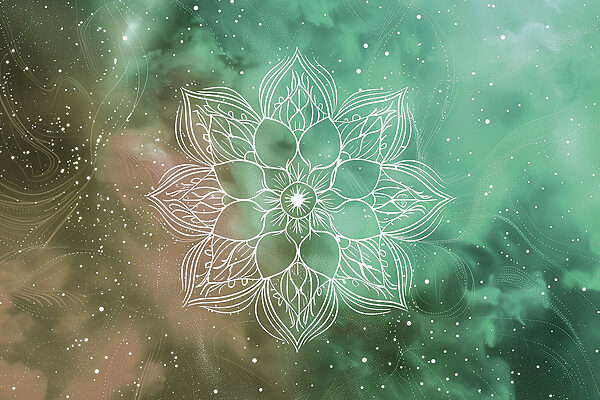 Un mandala blanc sur fond vert et bleu Un mandala blanc sur fond vert et bleu