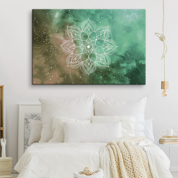 Un mandala blanc sur fond vert et bleu Un mandala blanc sur fond vert et bleu