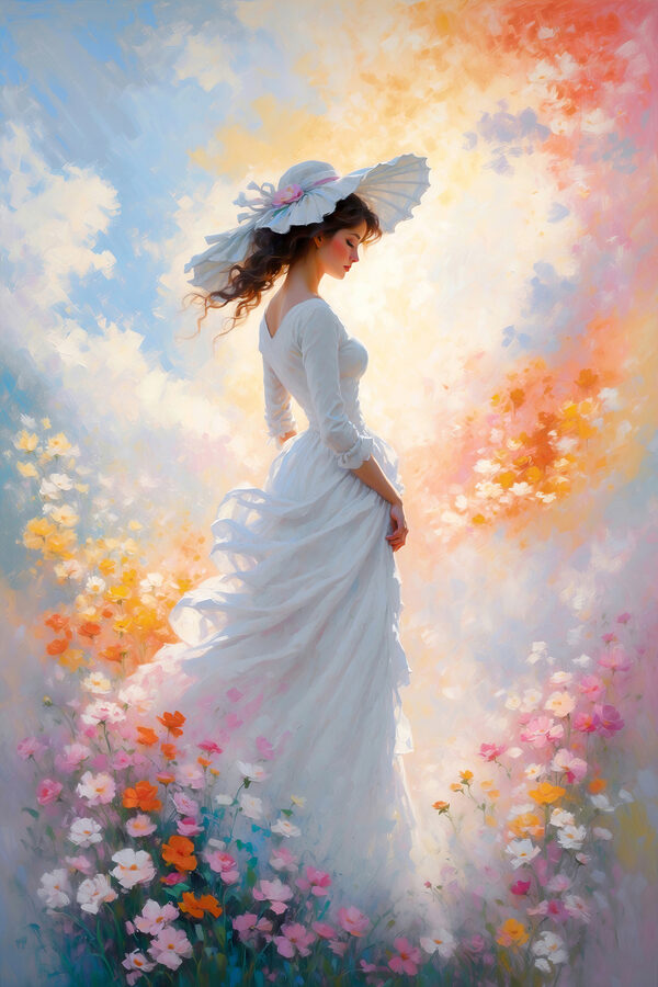 Une femme en robe blanche et chapeau Une femme en robe blanche et chapeau