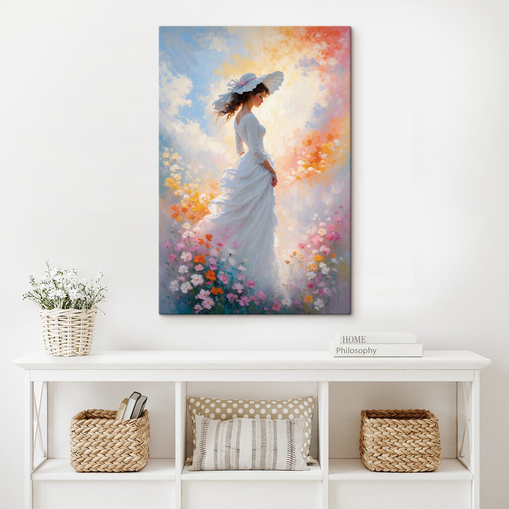 A woman in a white dress and hat