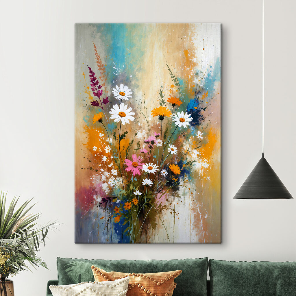 A painting of flowers and leaves