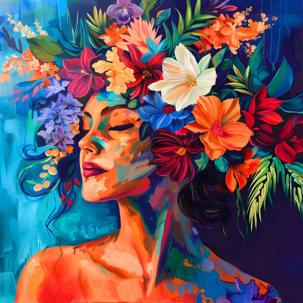 Peinture d'une femme avec des fleurs dans les cheveux Peinture d'une femme avec des fleurs dans les cheveux