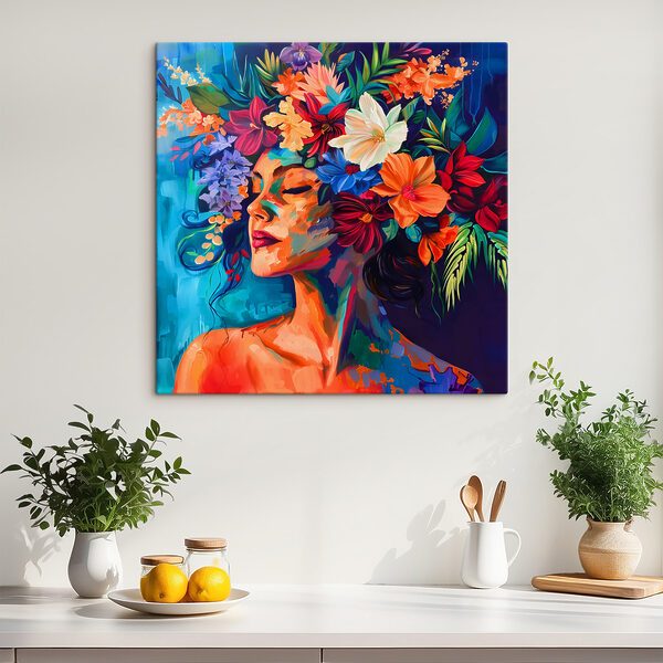 Peinture d'une femme avec des fleurs dans les cheveux Peinture d'une femme avec des fleurs dans les cheveux