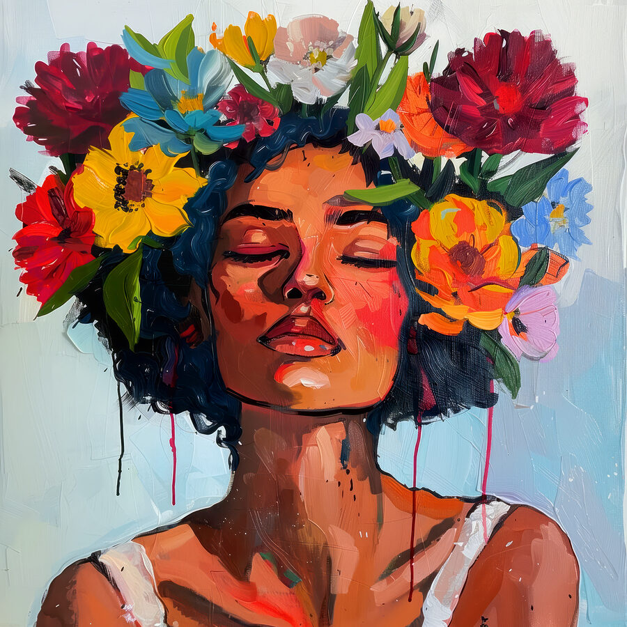 Peinture d'une femme avec des fleurs dans les cheveux Peinture d'une femme avec des fleurs dans les cheveux