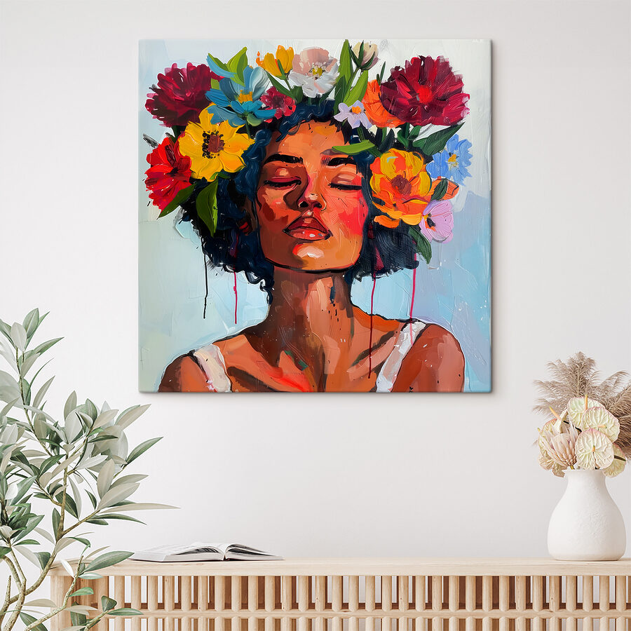 Peinture d'une femme avec des fleurs dans les cheveux Peinture d'une femme avec des fleurs dans les cheveux